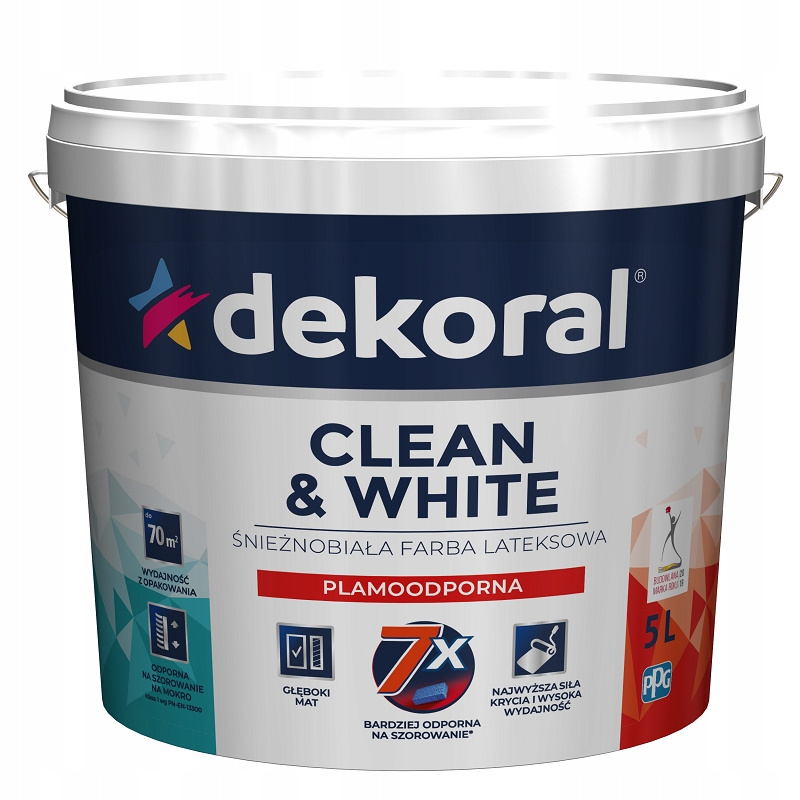 FARBA LATEKSOWA DEKORAL CLEAN&WHITE 5L ŚNIEŻNOBIAŁA MAT
